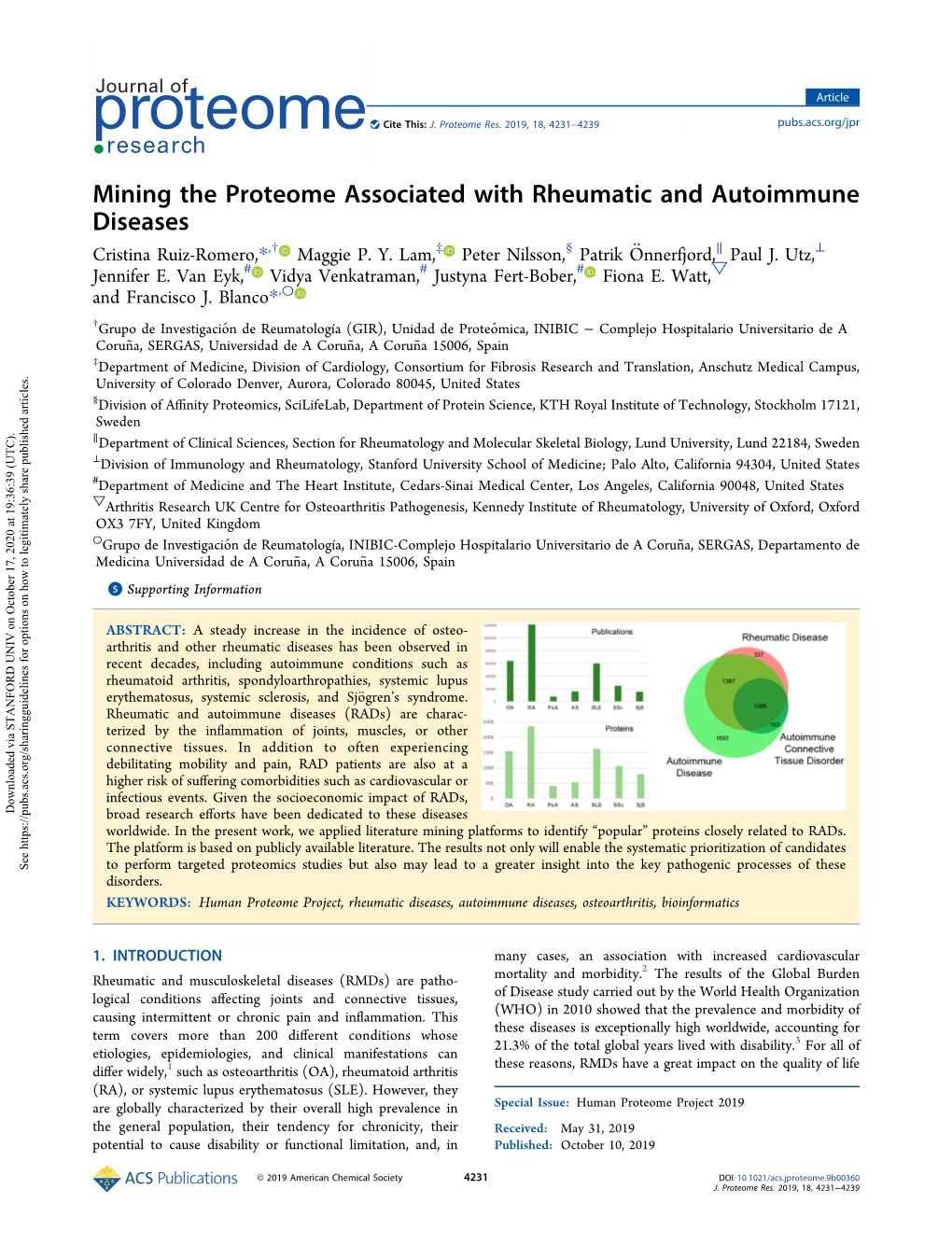 Mining the Proteome Associated with Rheumatic and Autoimmune Diseases ,† ‡ § ̈ ∥ ⊥ Cristina Ruiz-Romero,* Maggie P