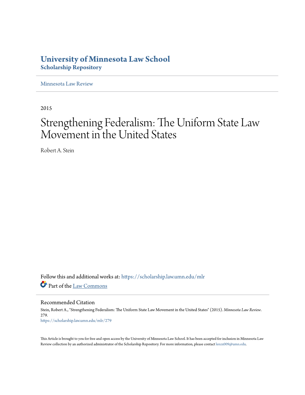 Strengthening Federalism: the Uniform State Law Movement in the United States