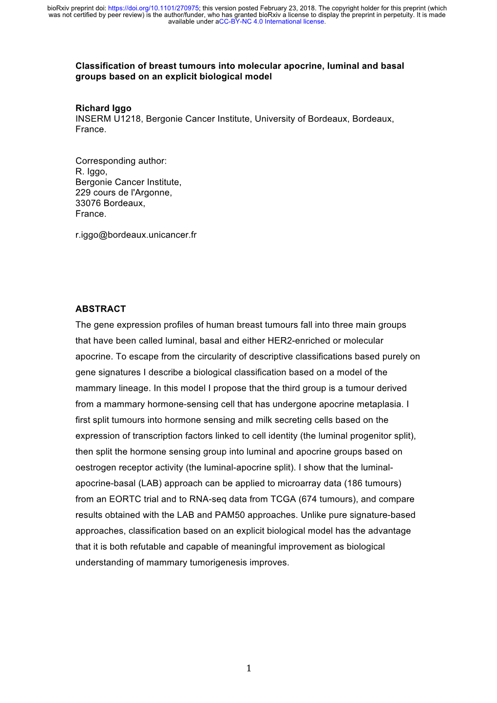 Classification of Breast Tumours Into Molecular Apocrine, Luminal and Basal Groups Based on an Explicit Biological Model