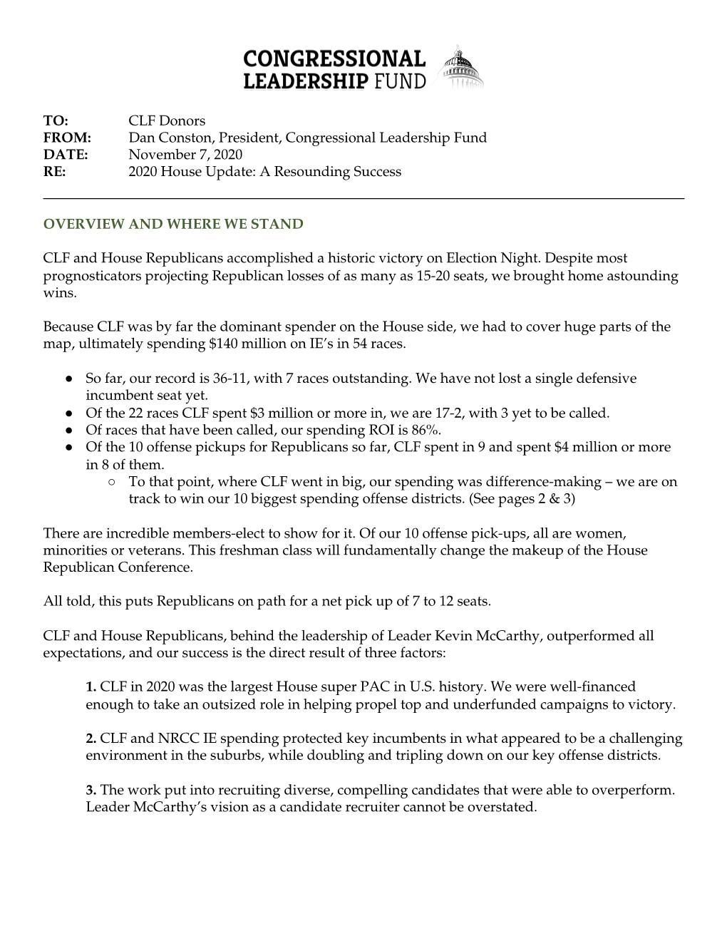 CLF Donors FROM: Dan Conston, President, Congressional Leadership Fund DATE: November 7, 2020 RE: 2020 House Update: a Resounding Success