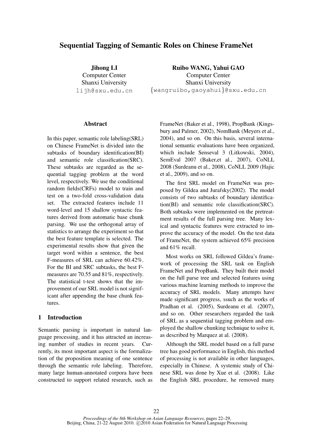 Sequential Tagging of Semantic Roles on Chinese Framenet