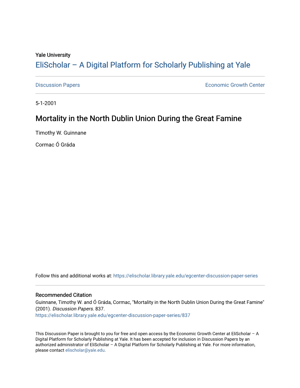 Mortality in the North Dublin Union During the Great Famine