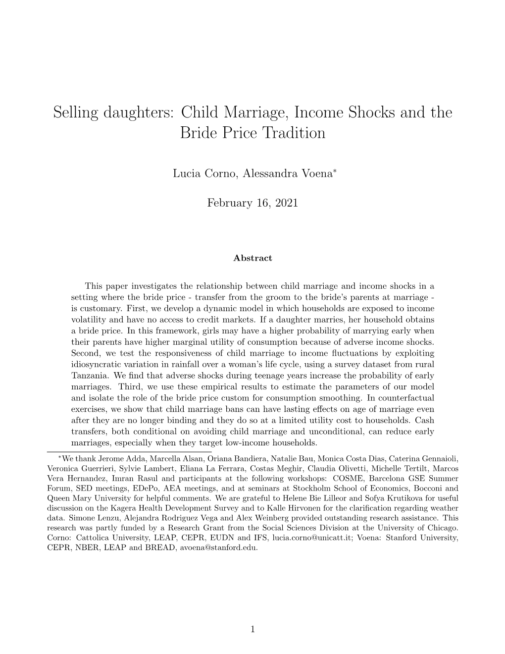 Child Marriage, Income Shocks and the Bride Price Tradition