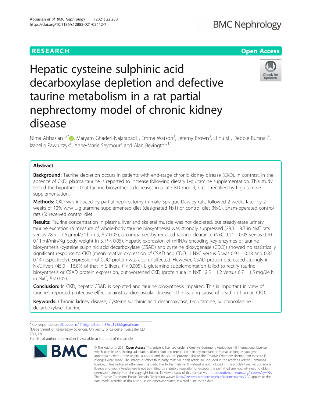 Hepatic Cysteine Sulphinic Acid Decarboxylase Depletion And