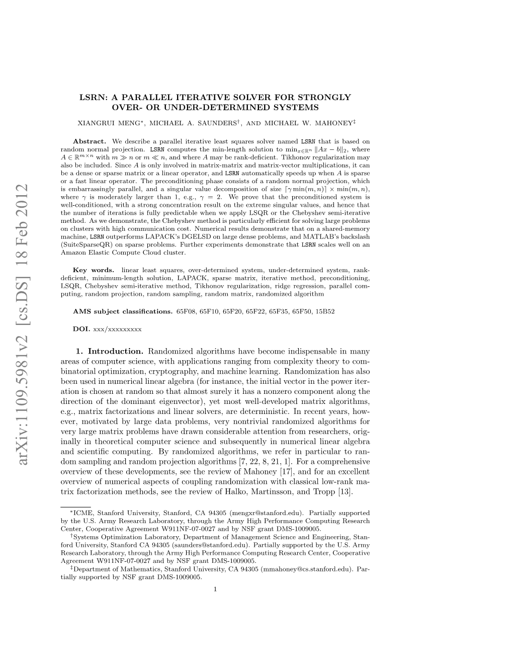 LSRN: a Parallel Iterative Solver for Strongly Over-Or Under-Determined