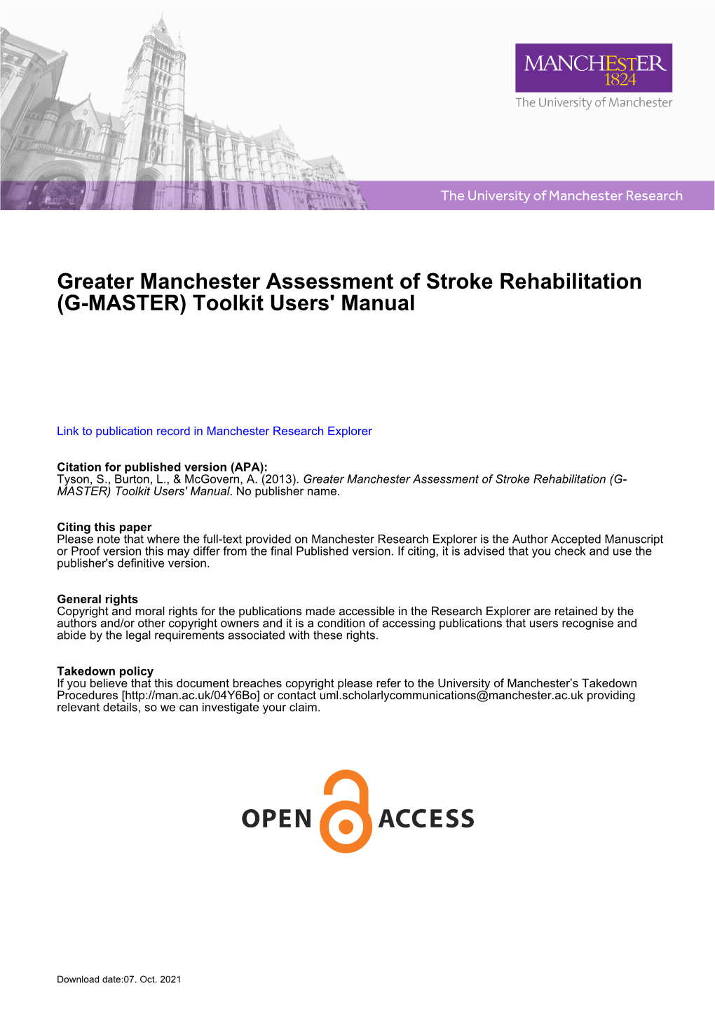 Greater Manchester Assessment of Stroke Rehabilitation (G-MASTER) Toolkit Users' Manual