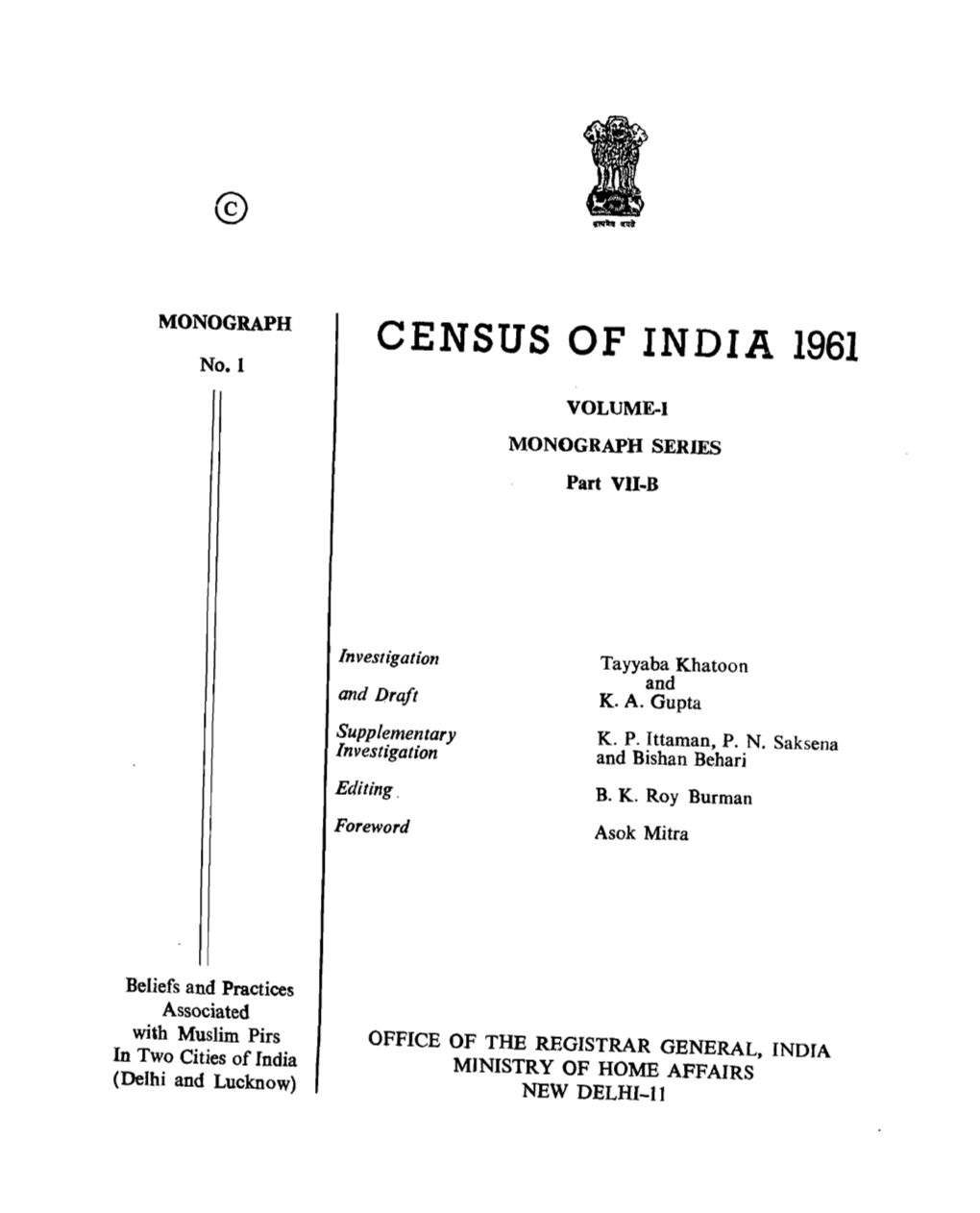 Monograph Series, Part VII-B, Vol-I, Uttar Pradesh