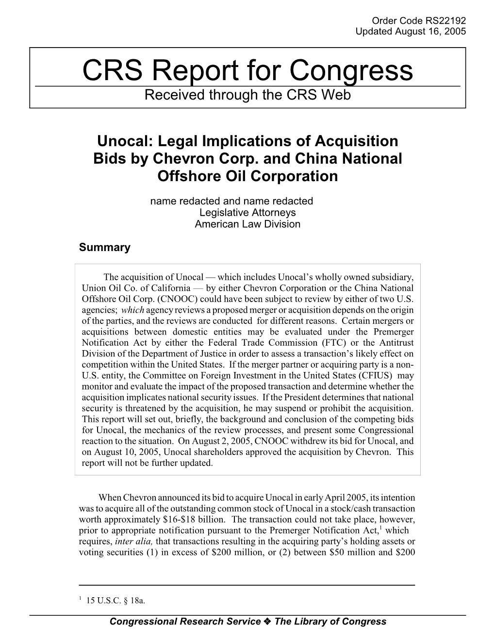 Unocal: Legal Implications of Acquisition Bids by Chevron Corp