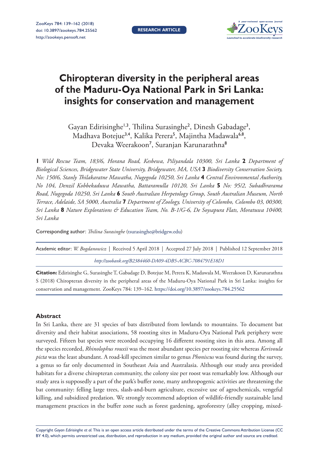 Chiropteran Diversity ﻿In the Peripheral Areas of the Maduru-Oya National