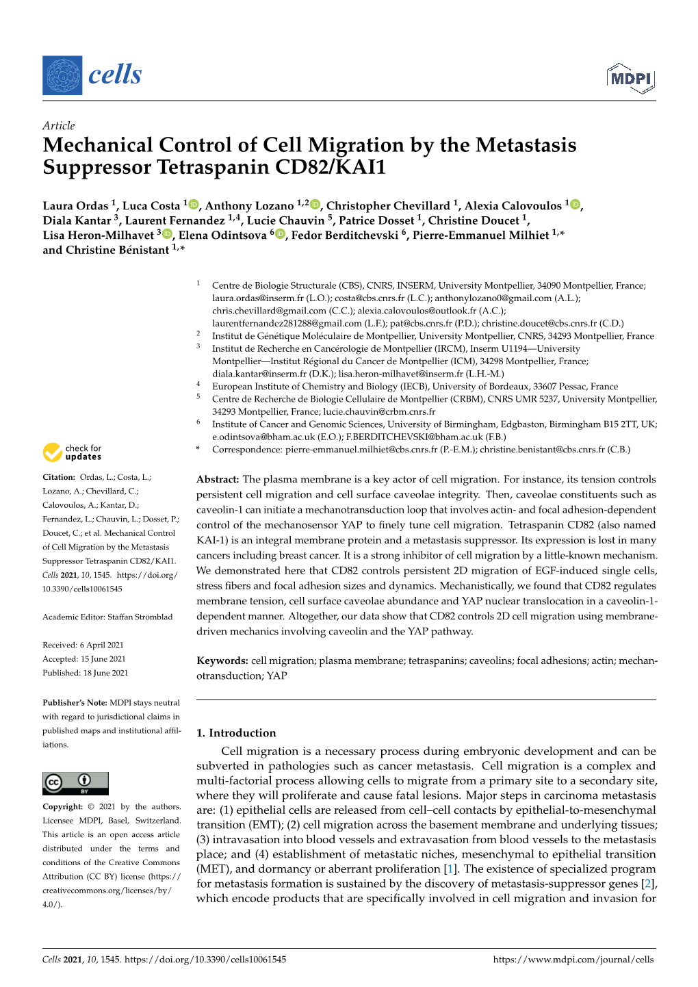 Mechanical Control of Cell Migration by the Metastasis Suppressor Tetraspanin CD82/KAI1