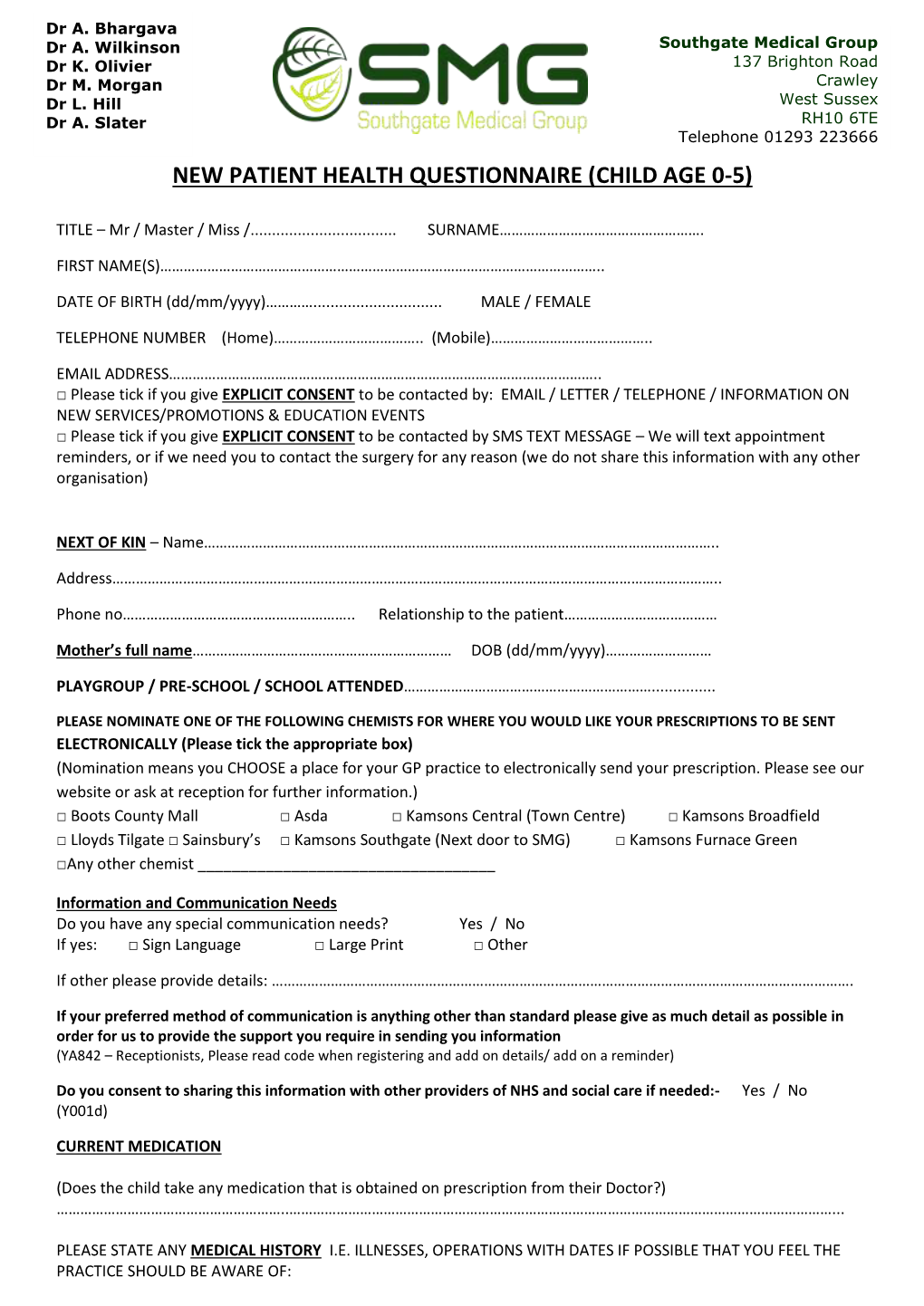 New Patient Health Questionnaire (Child Age 0-5)