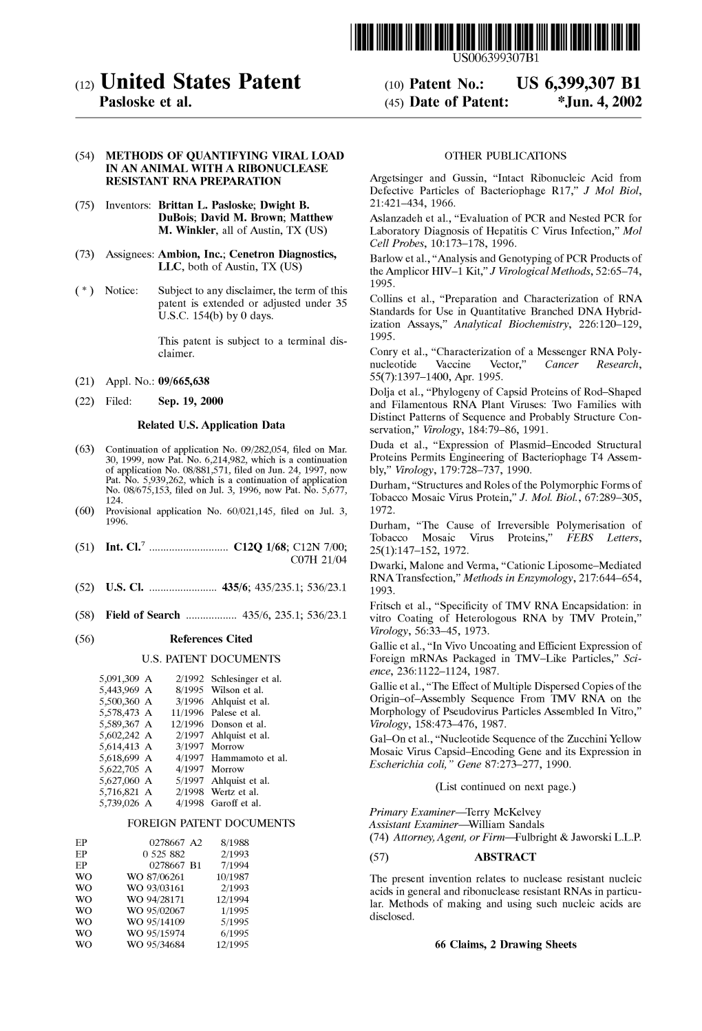 (12) United States Patent (10) Patent No.: US 6,399,307 B1 Pasloske Et Al