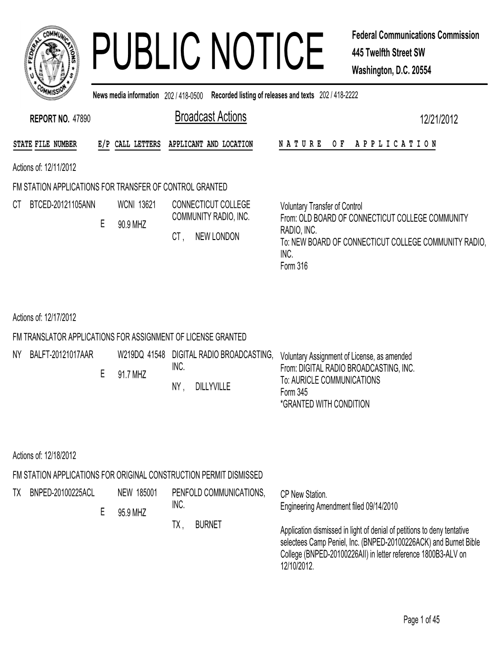 PUBLIC NOTICE Federal Communications Commission