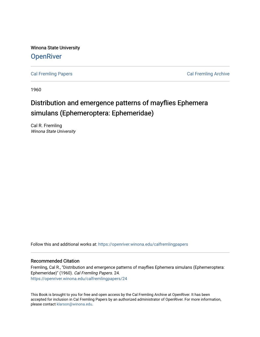 Distribution and Emergence Patterns of Mayflies Ephemera Simulans (Ephemeroptera: Ephemeridae)