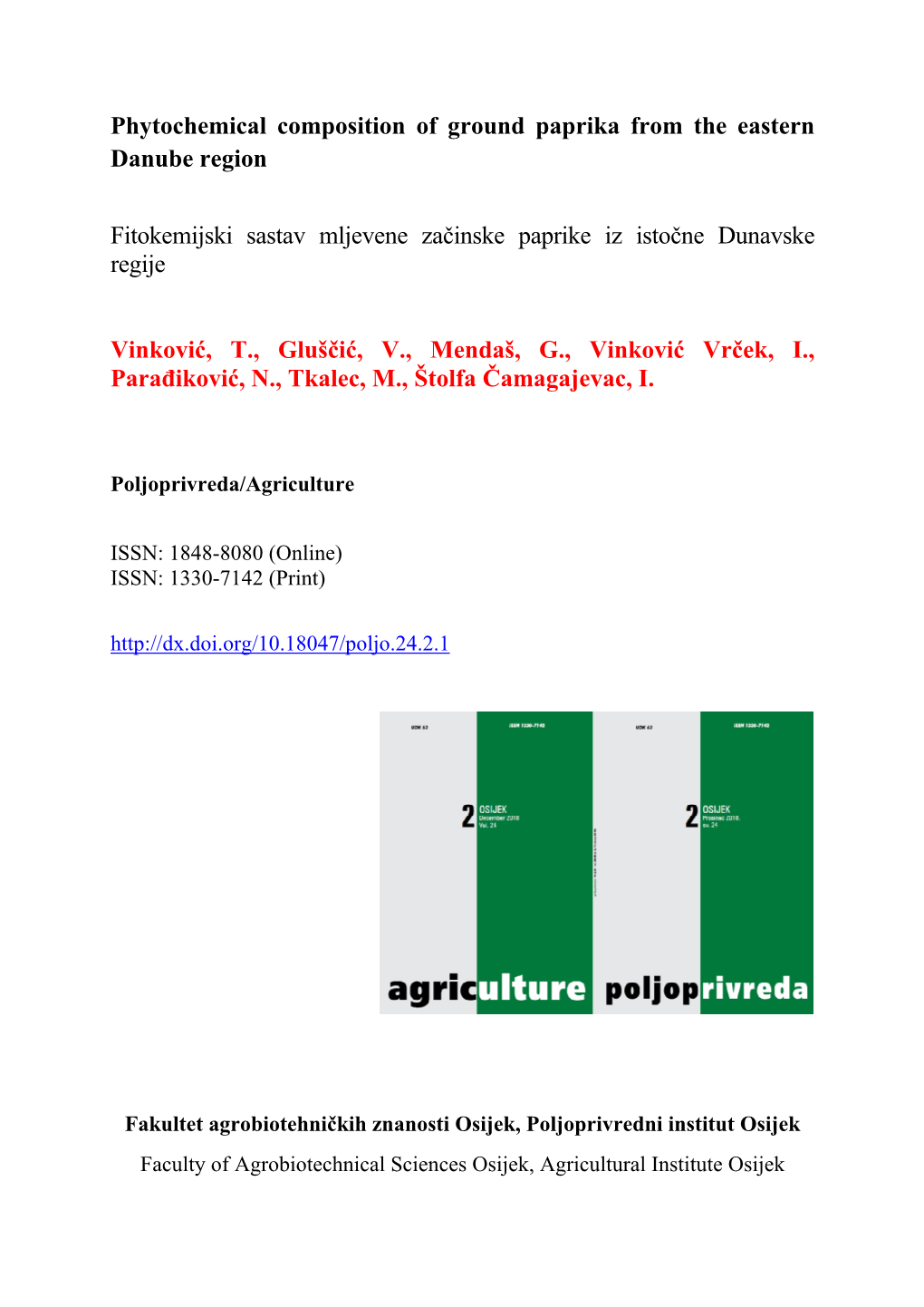 Phytochemical Composition of Ground Paprika from the Eastern Danube Region