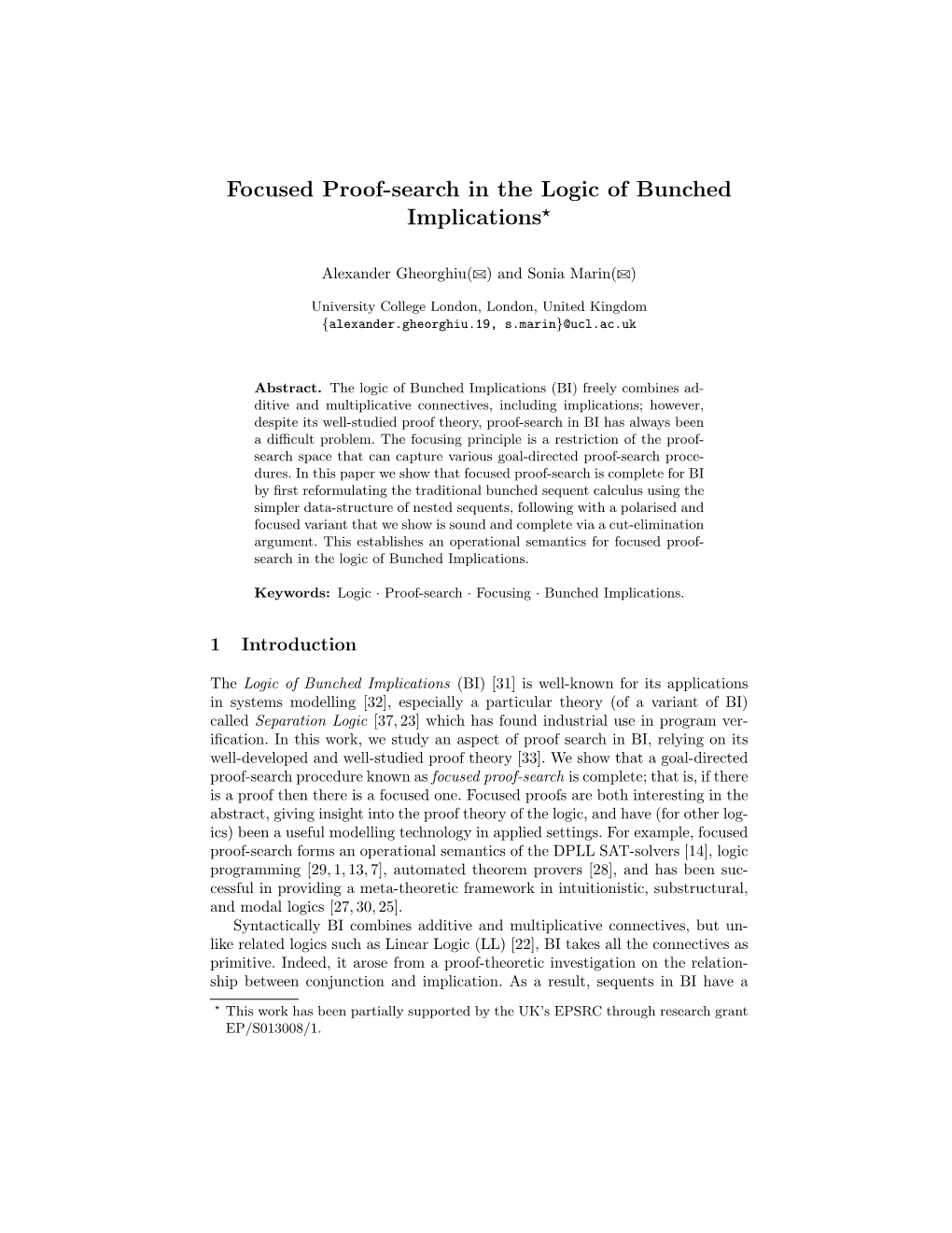 Focused Proof-Search in the Logic of Bunched Implications⋆