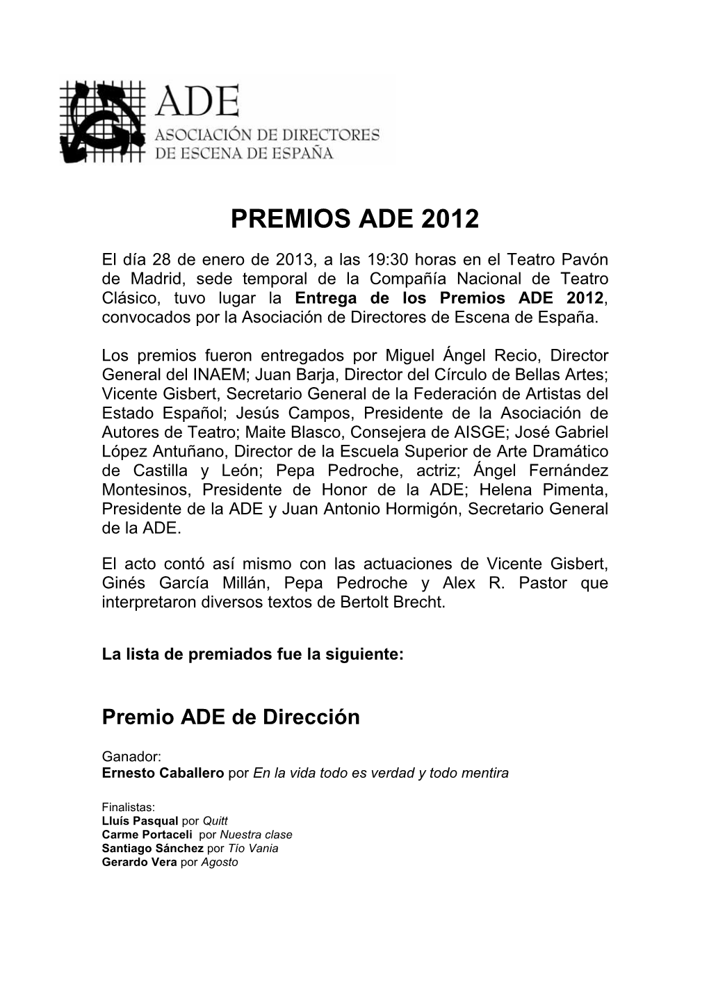 PREMIOS ADE 12- Ganadores