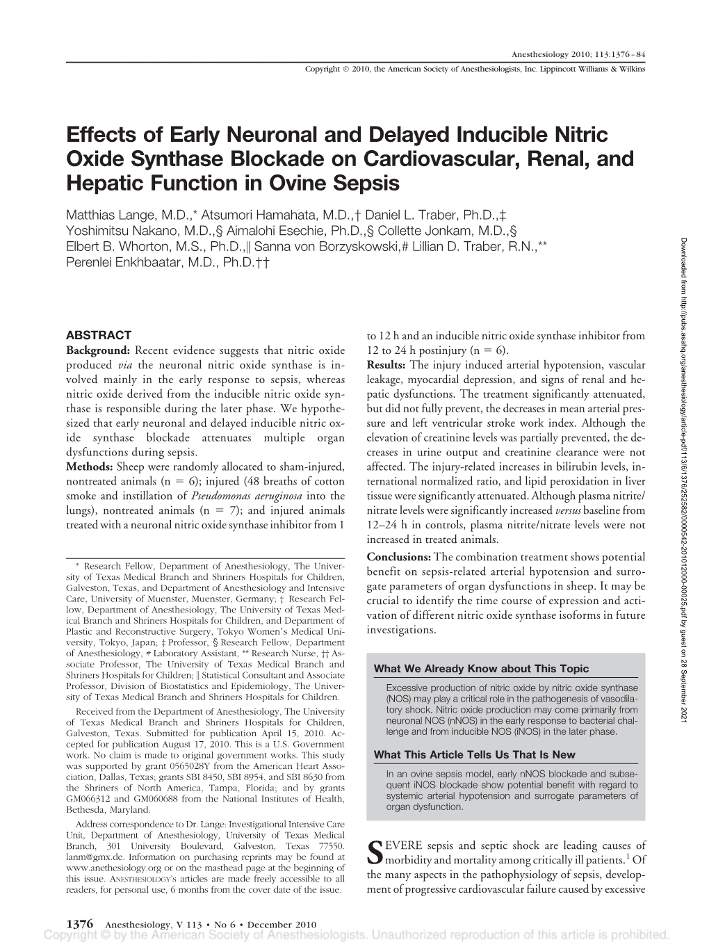 Effects of Early Neuronal and Delayed Inducible Nitric Oxide Synthase Blockade on Cardiovascular, Renal, and Hepatic Function in Ovine Sepsis