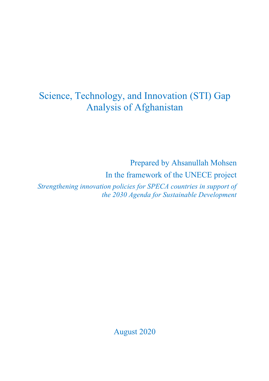 Science, Technology, and Innovation (STI) Gap Analysis of Afghanistan