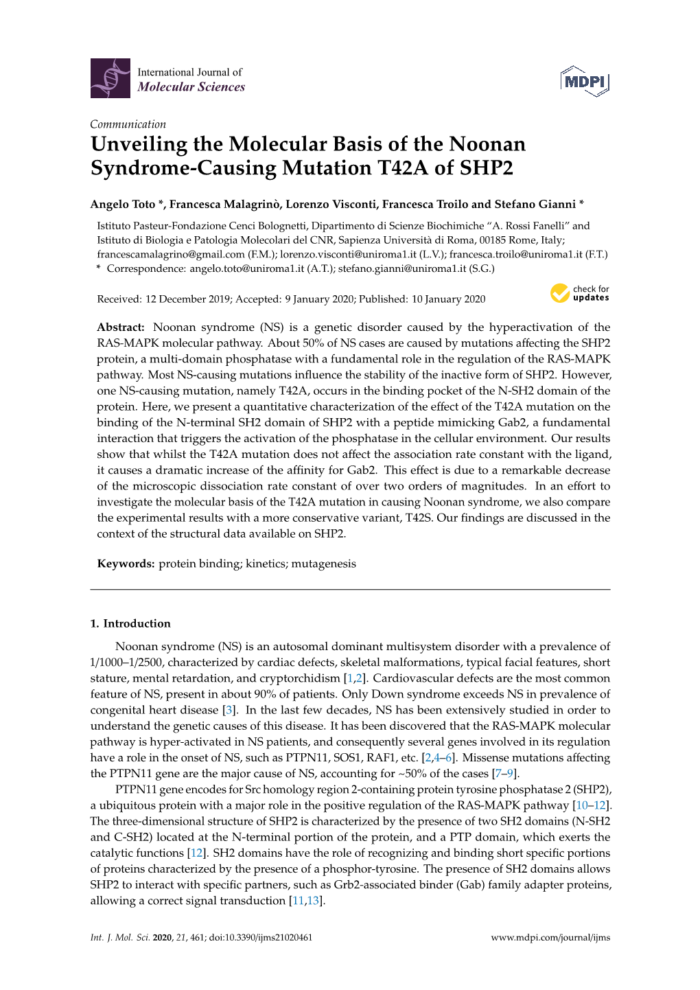 Unveiling the Molecular Basis of the Noonan Syndrome-Causing Mutation T42A of SHP2