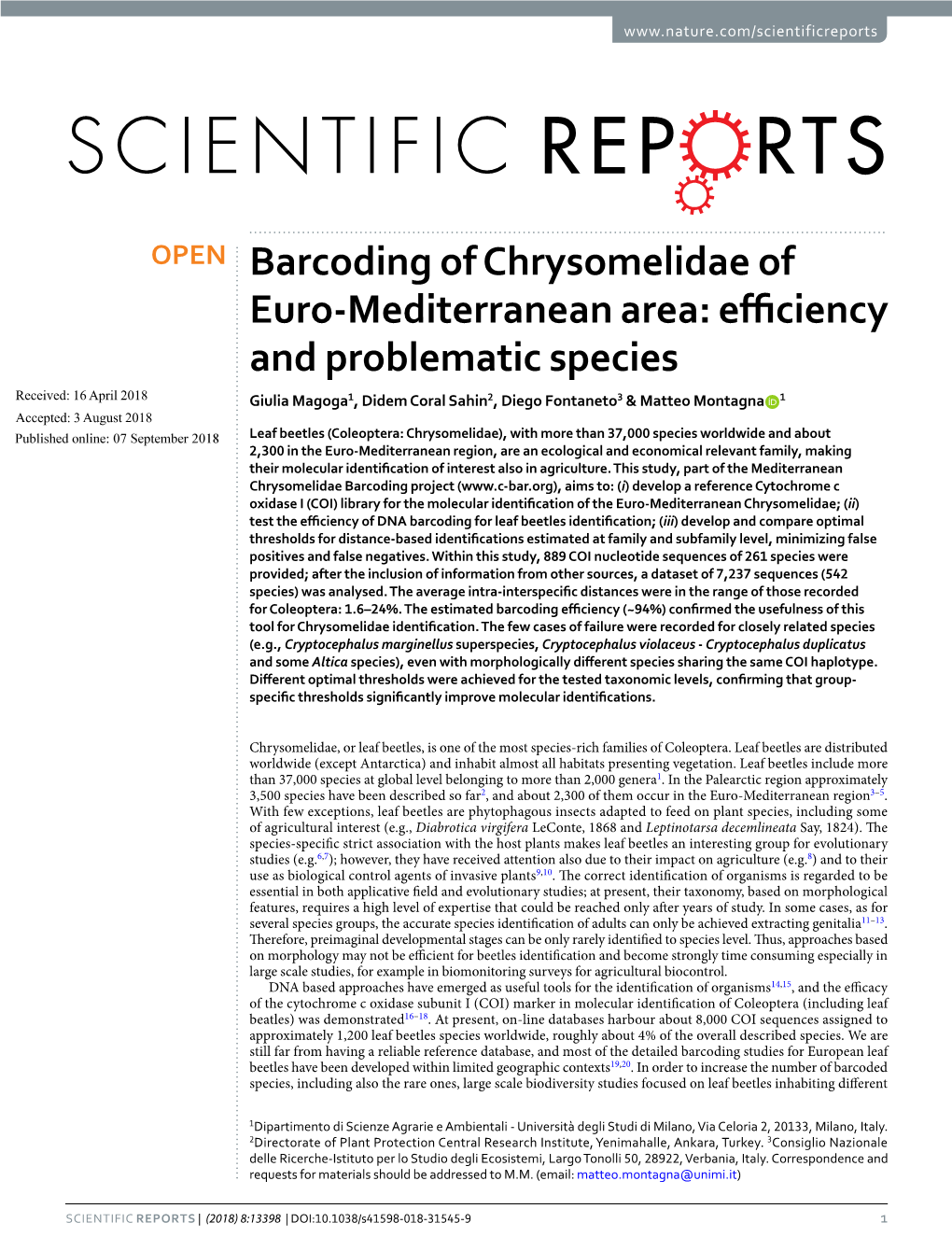 Barcoding of Chrysomelidae of Euro-Mediterranean Area