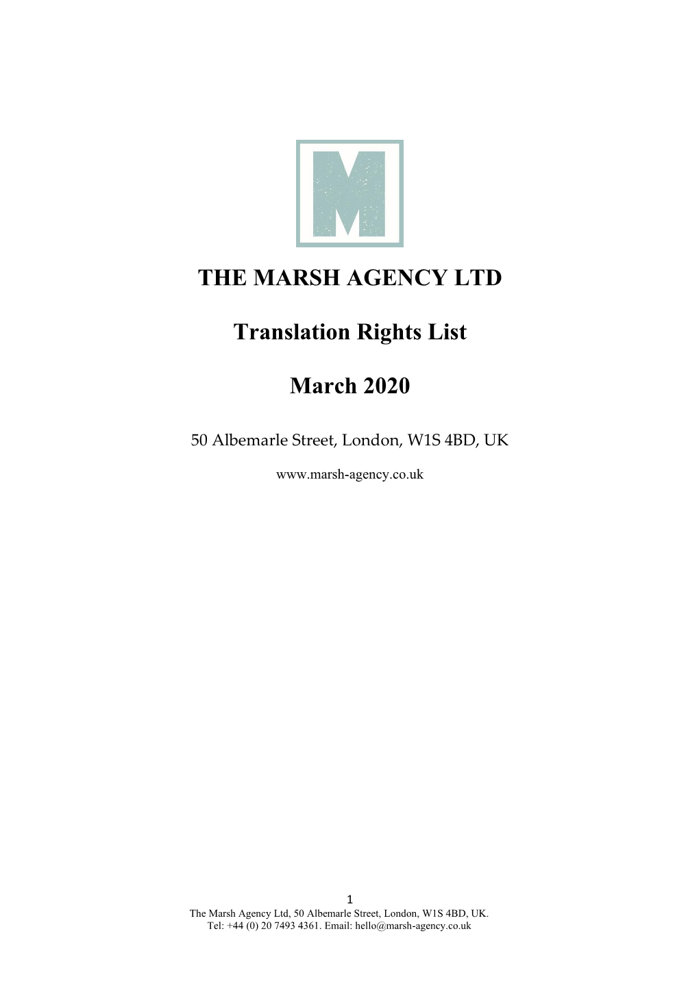 THE MARSH AGENCY LTD Translation Rights List March 2020