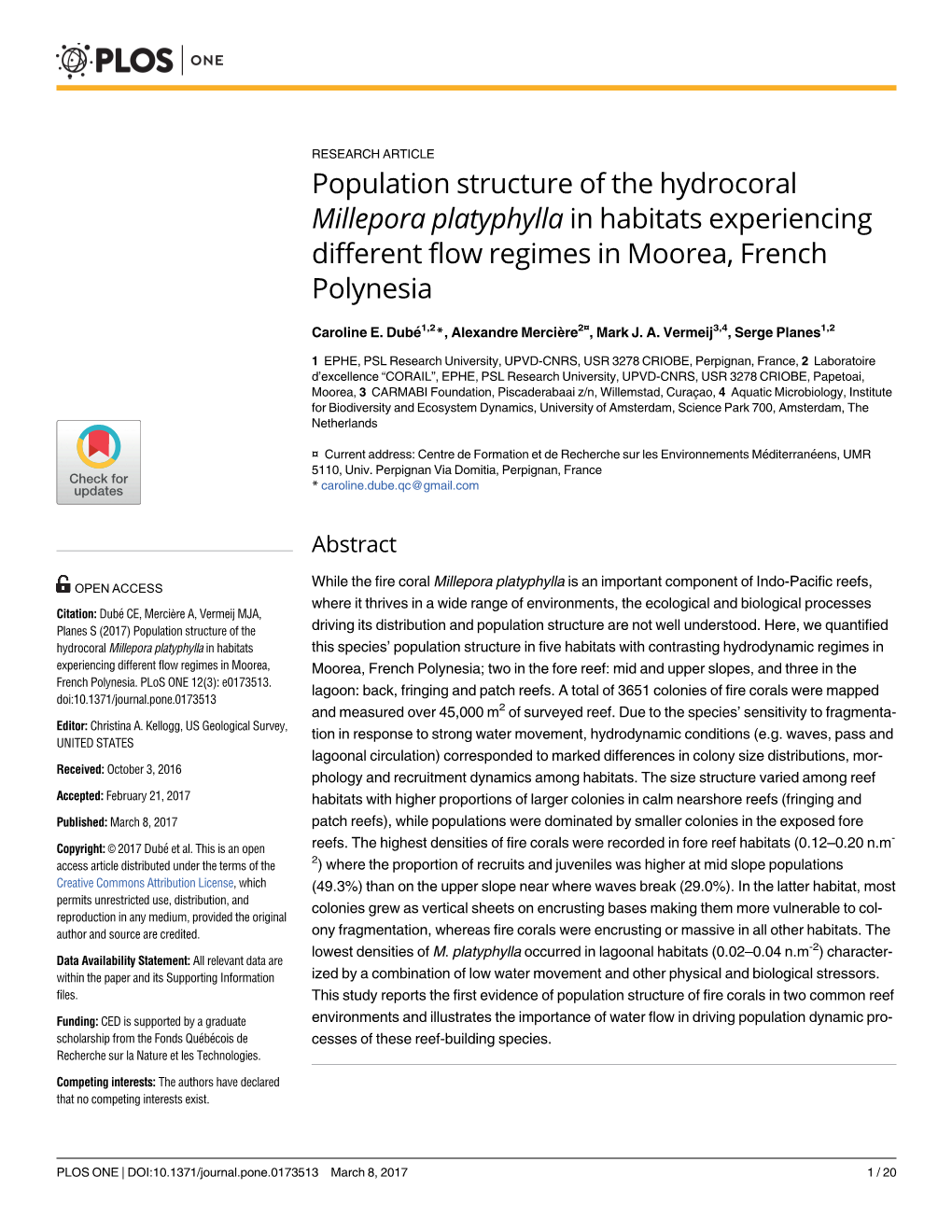 Population Structure of the Hydrocoral Millepora Platyphylla in Habitats Experiencing Different Flow Regimes in Moorea, French Polynesia