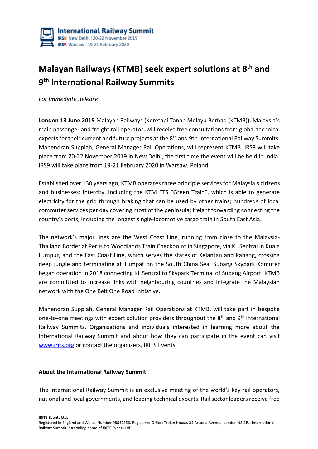 Malayan Railways (KTMB) Seek Expert Solutions at 8Th and 9Th International Railway Summits