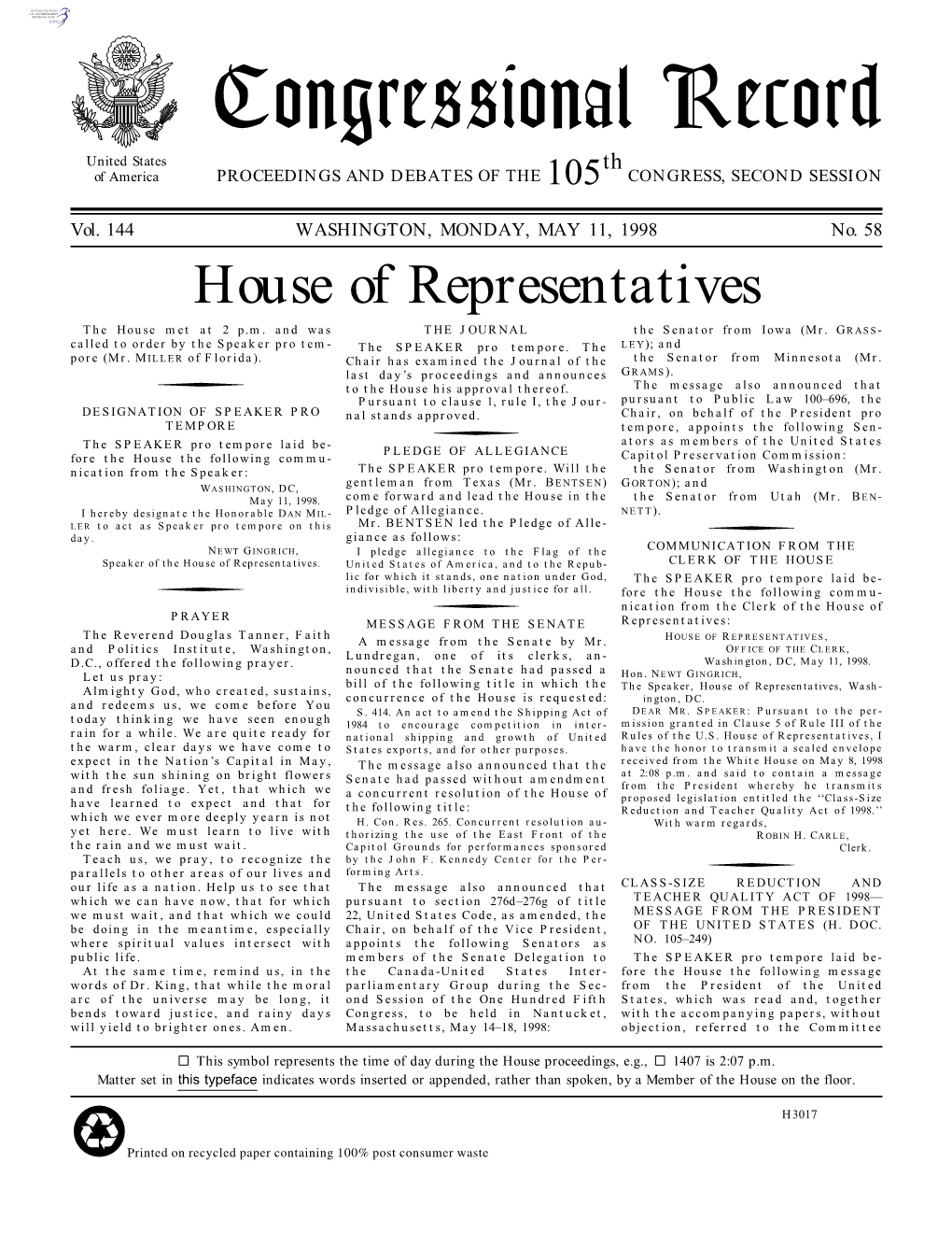 Congressional Record United States Th of America PROCEEDINGS and DEBATES of the 105 CONGRESS, SECOND SESSION