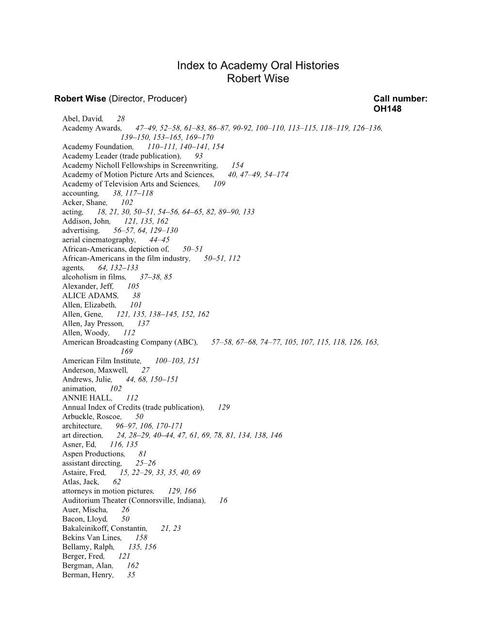 Index to Academy Oral Histories Robert Wise