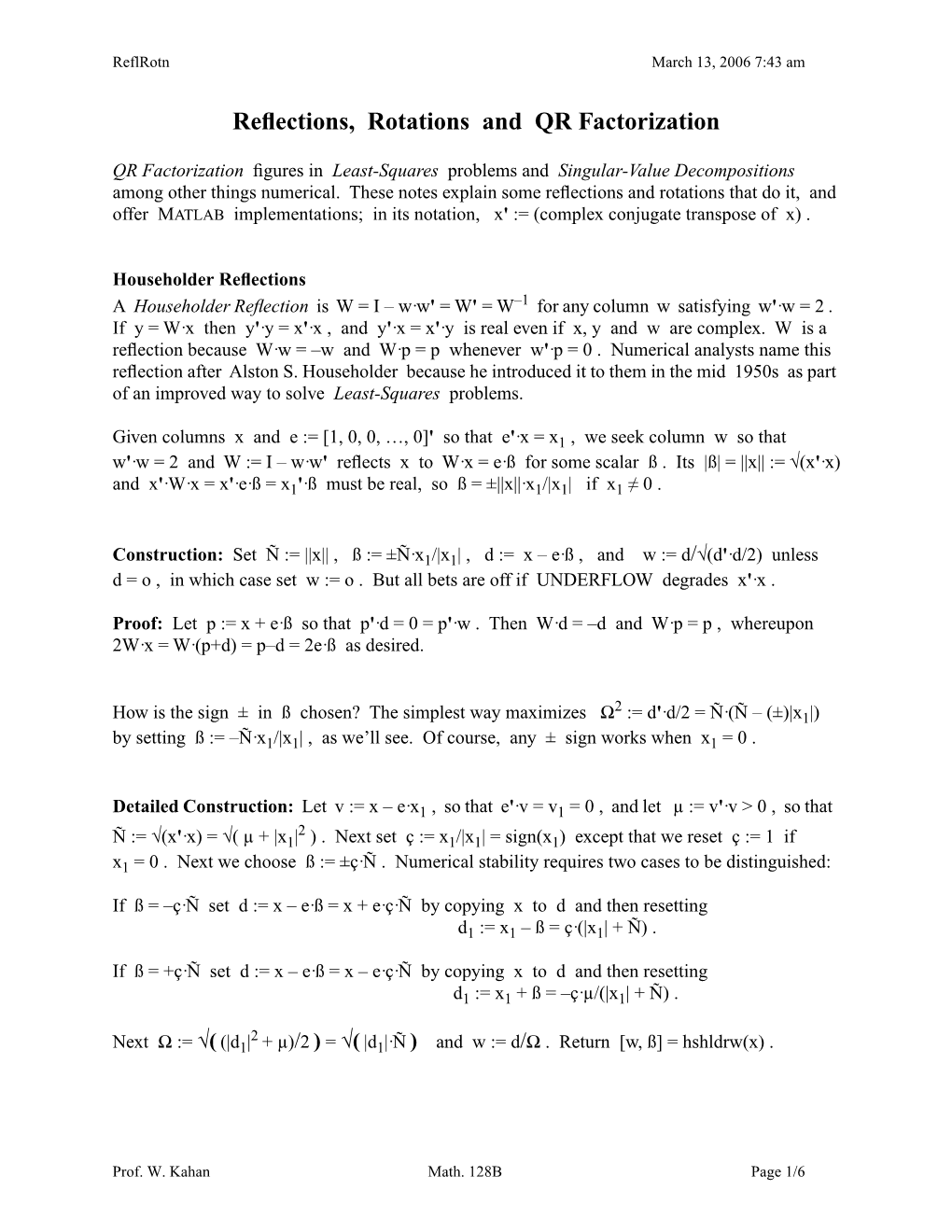 Reflections, Rotations and QR Factorization