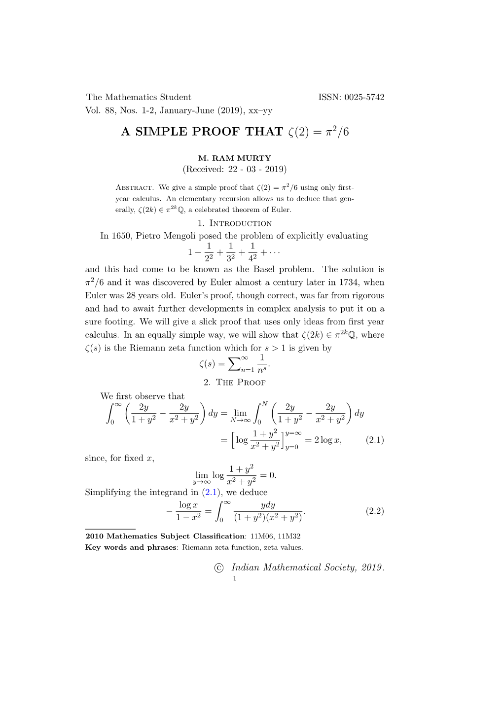 A Simple Proof That Ζ(2) = Π2/6