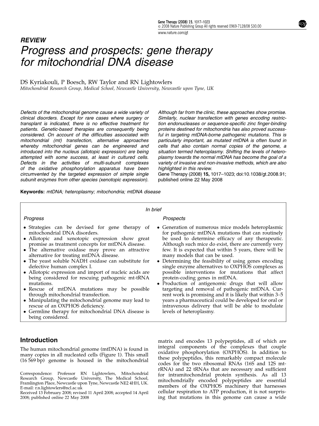 Gene Therapy for Mitochondrial DNA Disease