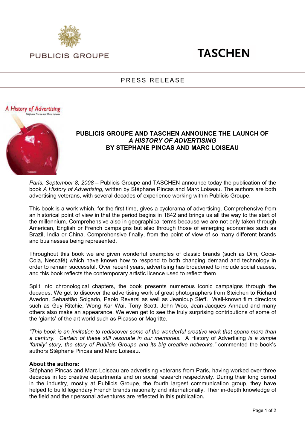 Publicis Groupe and Taschen Announce the Launch of a History of Advertising by Stephane Pincas and Marc Loiseau