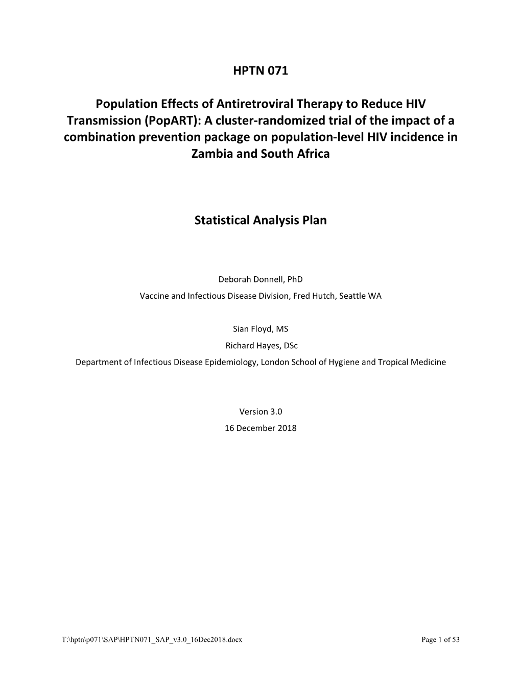 HPTN 071 Statistical Analysis Plan