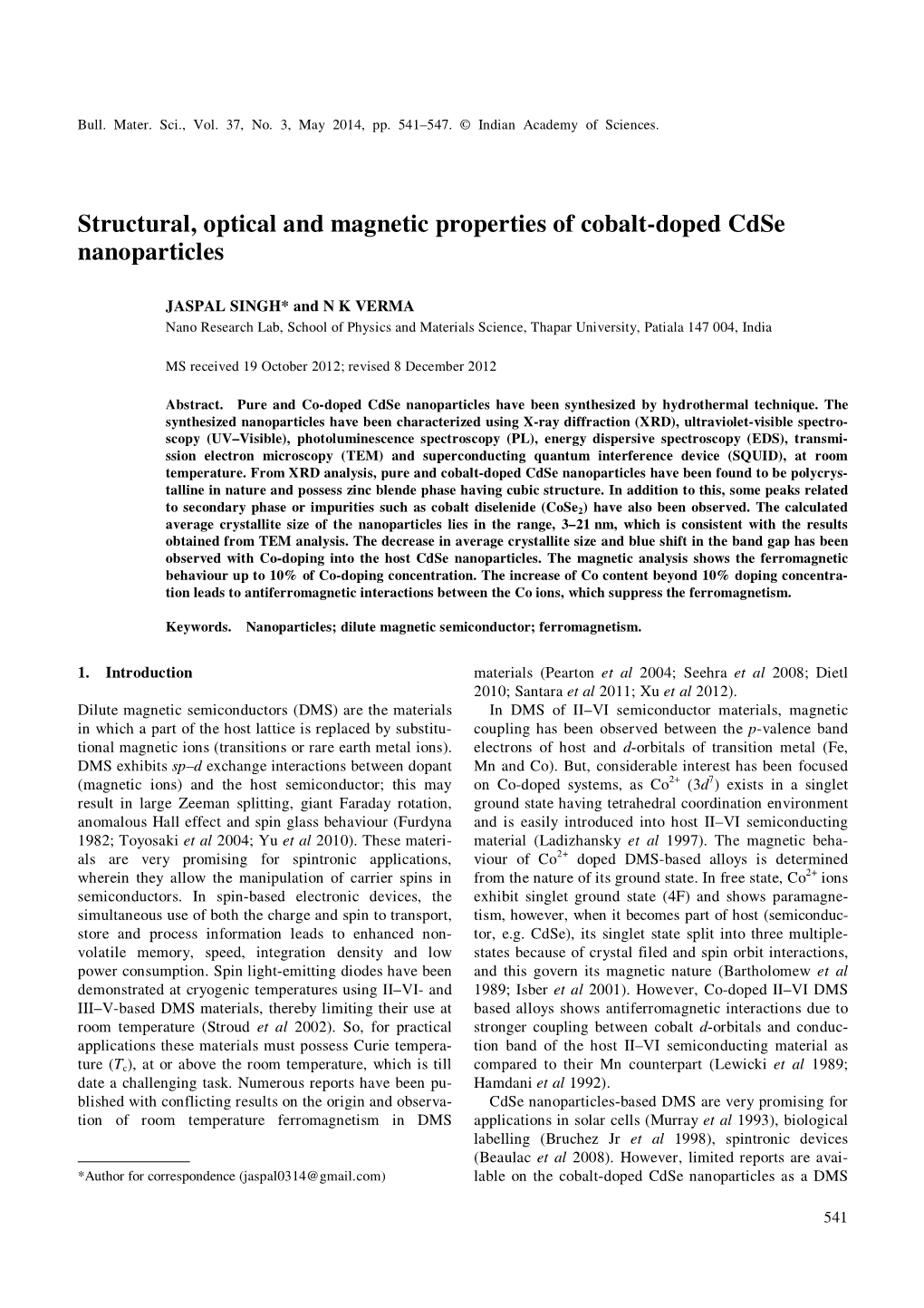 Structural, Optical and Magnetic Properties of Cobalt-Doped Cdse Nanoparticles