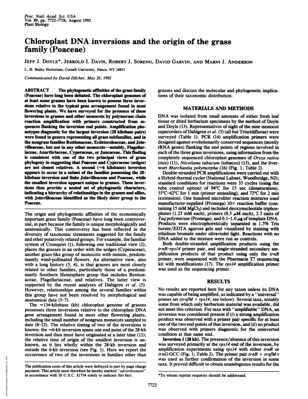 Chloroplast DNA Inversions and the Origin of the Grass Family (Poaceae) JEFF J