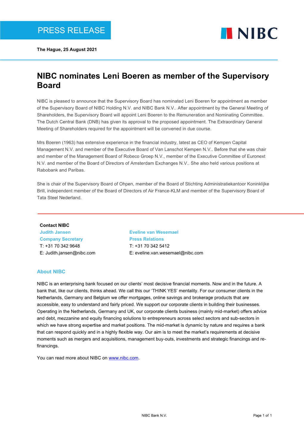 NIBC Nominates Leni Boeren As Member of the Supervisory Board