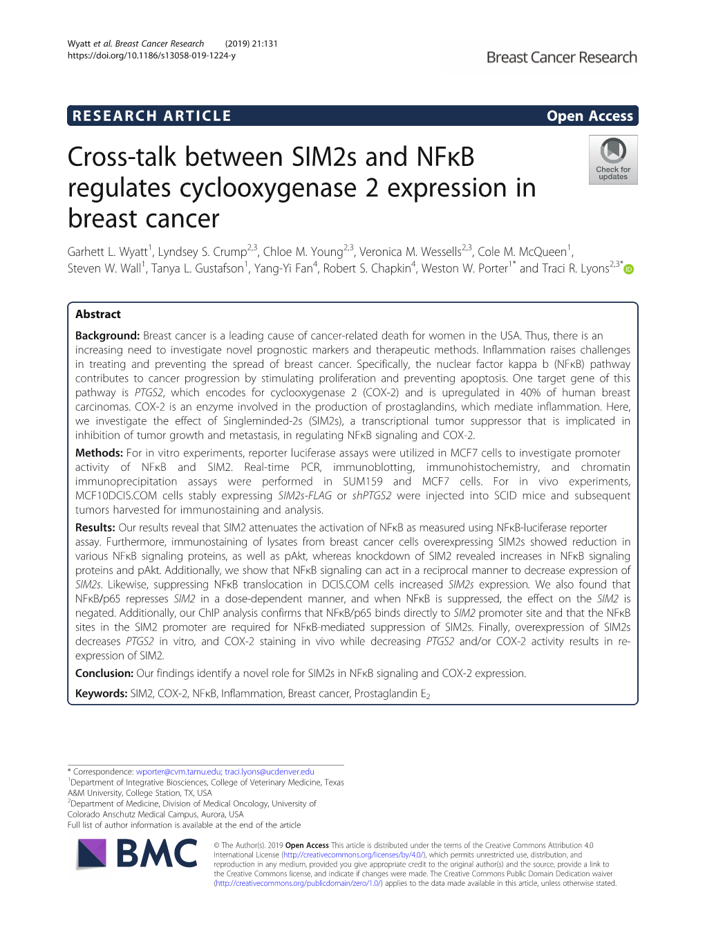 Cross-Talk Between Sim2s and Nfκb Regulates Cyclooxygenase 2 Expression in Breast Cancer Garhett L