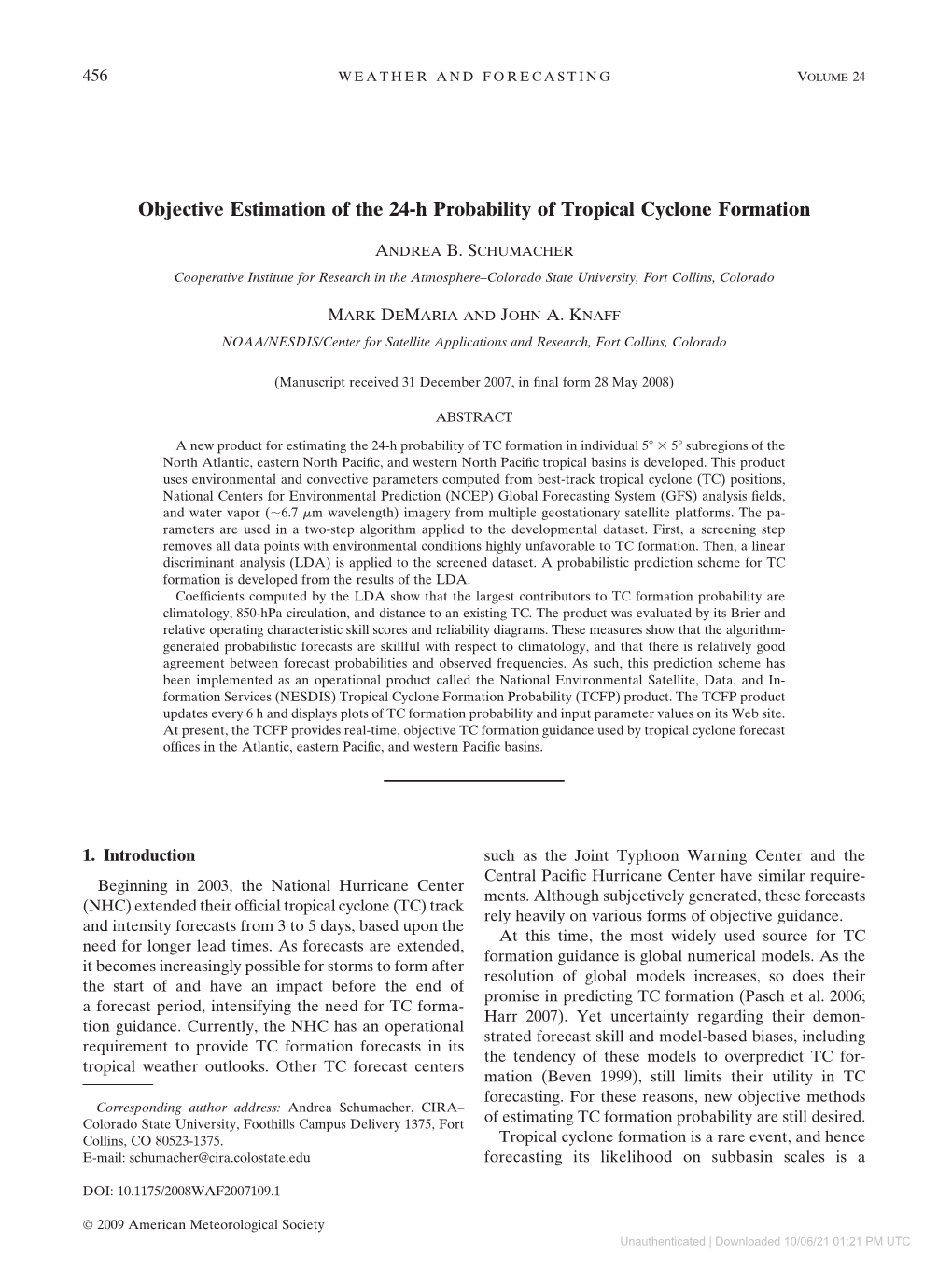 Objective Estimation of the 24-H Probability of Tropical Cyclone Formation