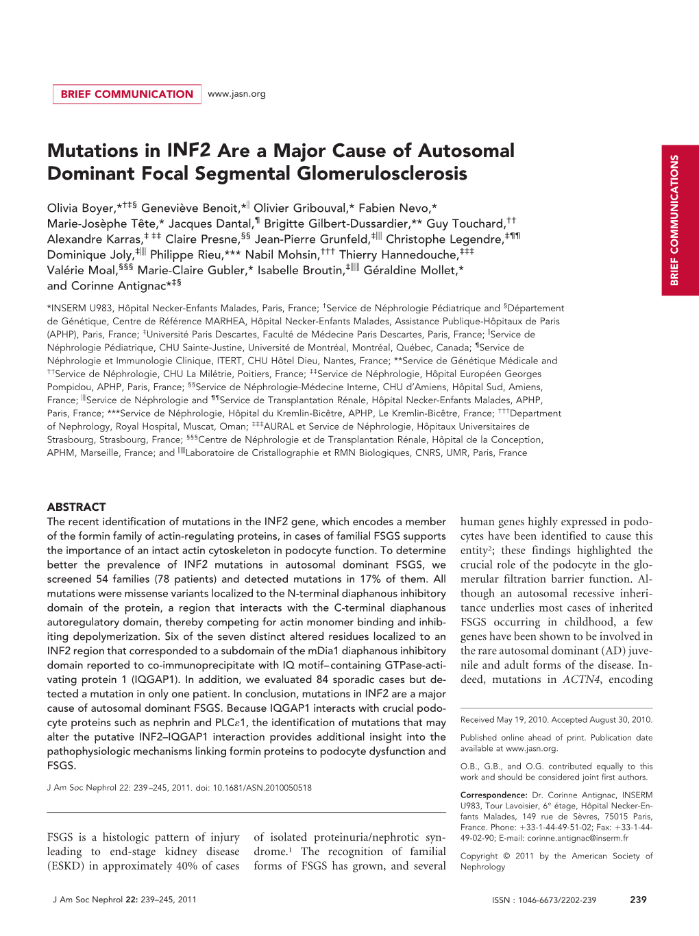 Mutations in INF2 Are a Major Cause of Autosomal Dominant Focal Segmental Glomerulosclerosis