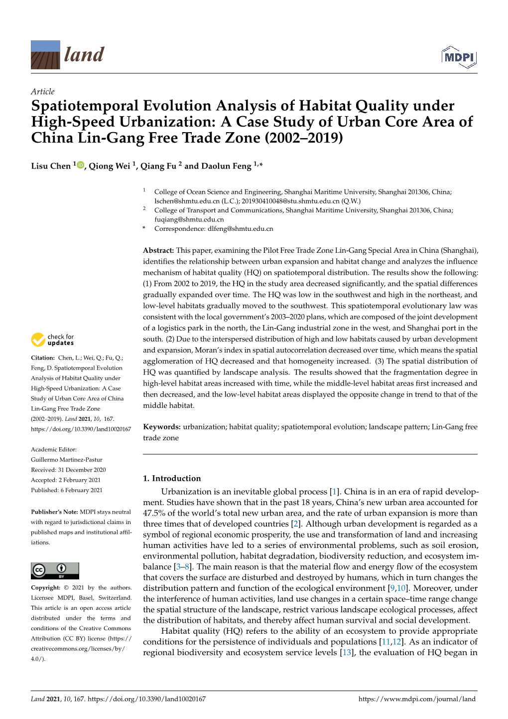 Spatiotemporal Evolution Analysis of Habitat Quality Under High-Speed Urbanization: a Case Study of Urban Core Area of China Lin-Gang Free Trade Zone (2002–2019)