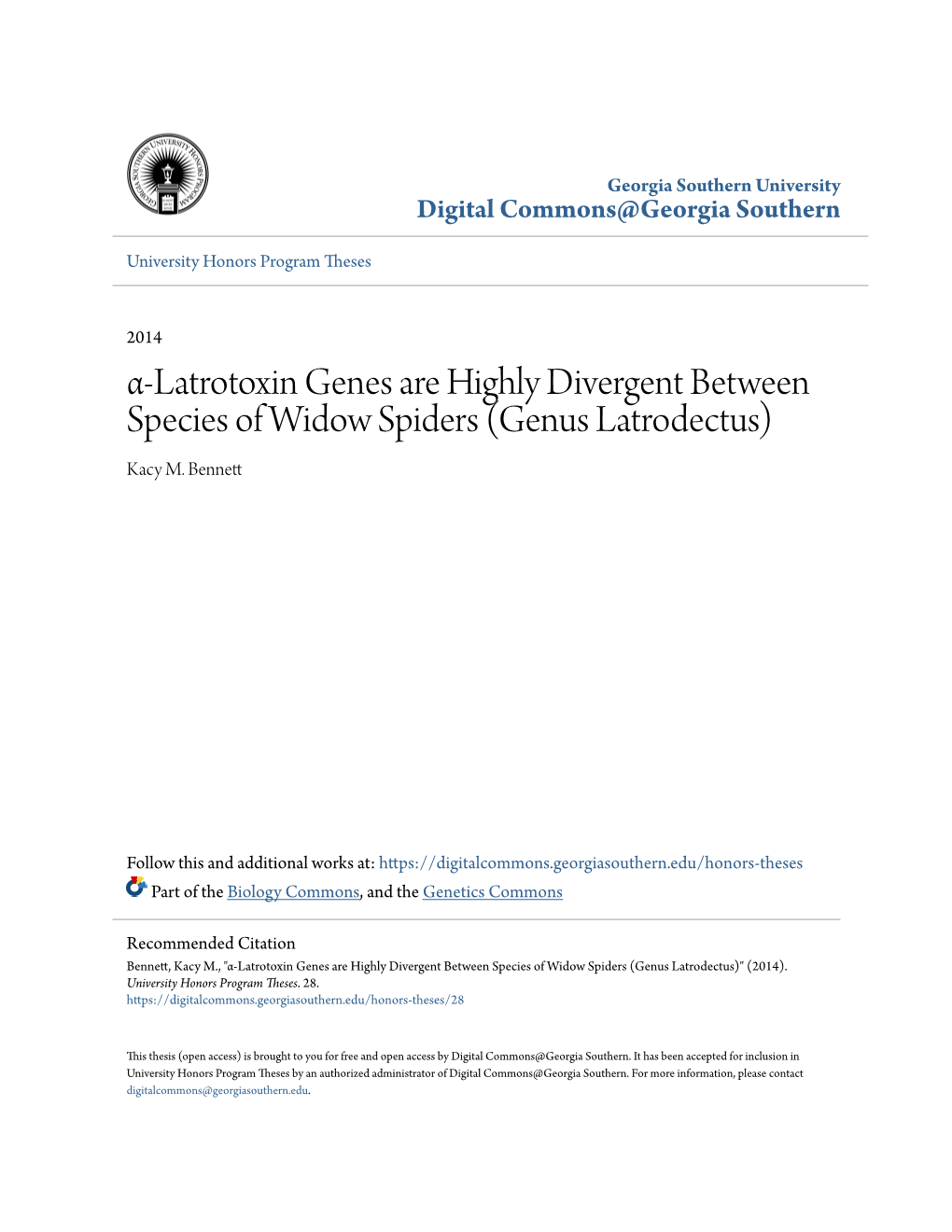 Α-Latrotoxin Genes Are Highly Divergent Between Species of Widow Spiders (Genus Latrodectus) Kacy M