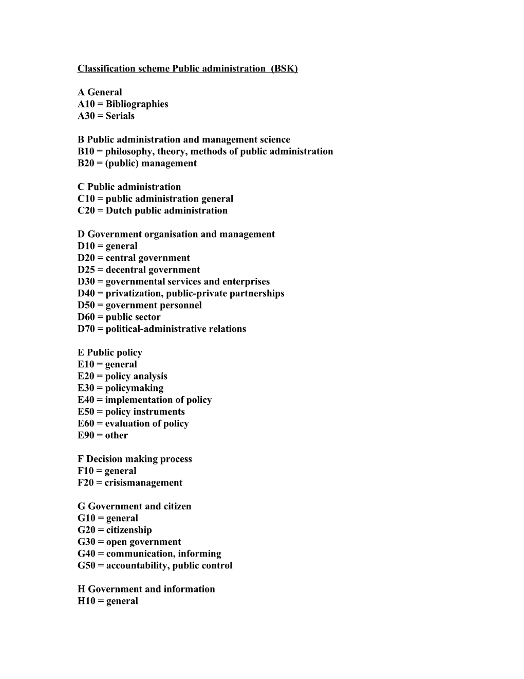 Classification Scheme Public Administration (BSK)