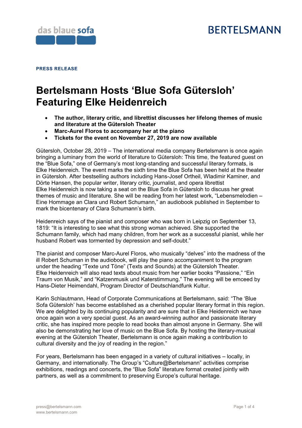 Bertelsmann Hosts 'Blue Sofa Gütersloh' Featuring Elke Heidenreich