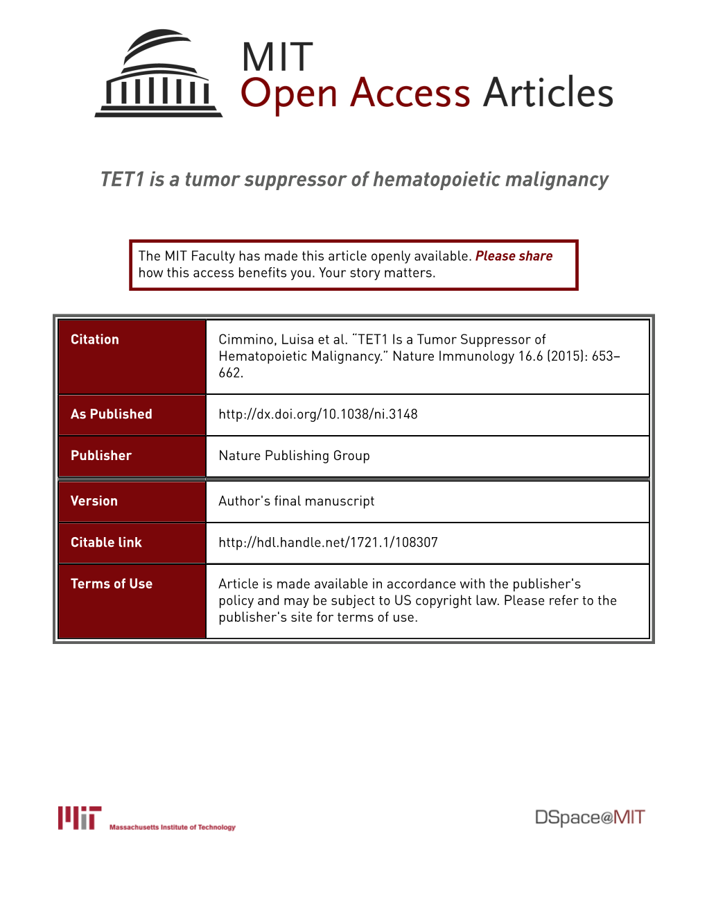 TET1 Is a Tumor Suppressor of Hematopoietic Malignancy