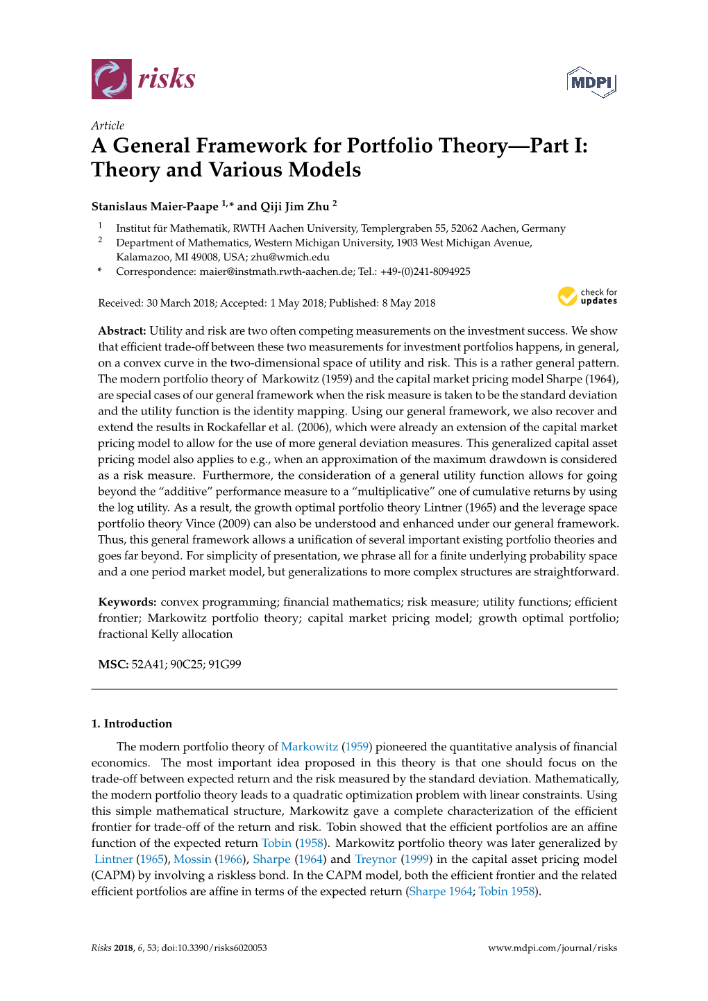 A General Framework for Portfolio Theory—Part I: Theory and Various Models