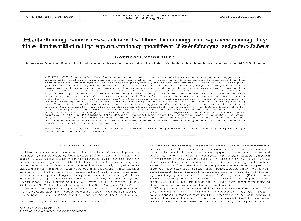 Hatching Success Affects the Timing of Spawning by the Intertidally Spawning Puffer Takifuguniphobles