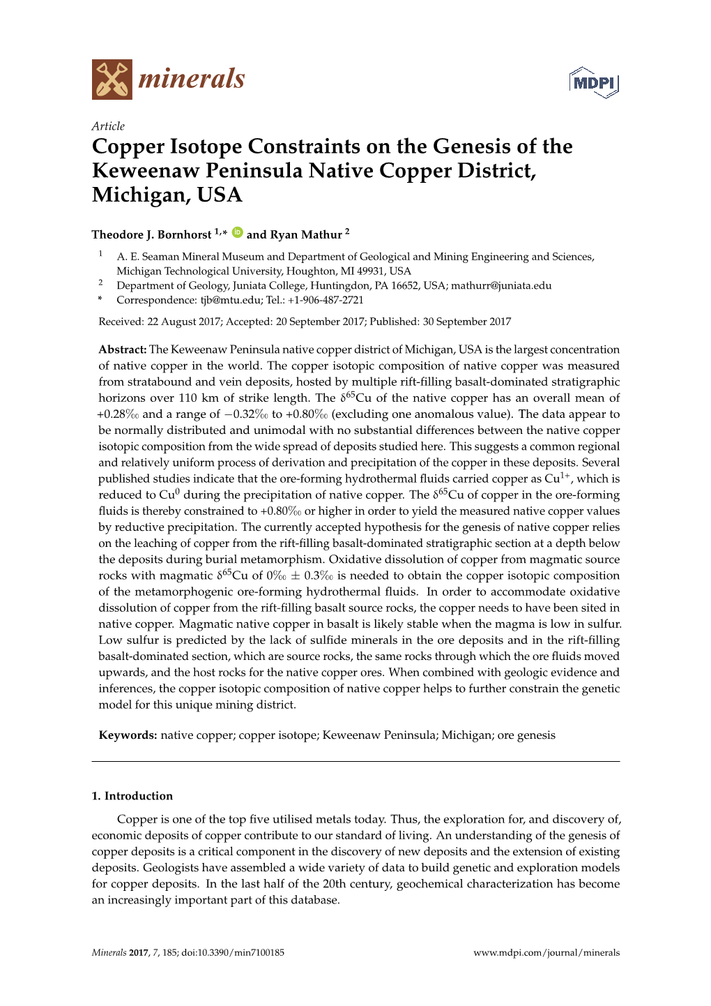 Copper Isotope Constraints on the Genesis of the Keweenaw Peninsula Native Copper District, Michigan, USA