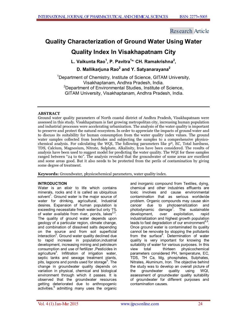Research Article Quality Characterization of Ground Water Using Water Quality Index in Visakhapatnam City L